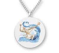 Generico Collana Mitologia Greca con Divinità Antiche, Ciondolo Rotondo 35mm in Acciaio Inossidabile, Incisione Laser a Colori, Catena 60cm, Poseidone Zeus Artemide Hermes (Poseidon/Neptune)