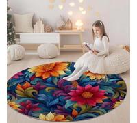 Generico Colore Tappeto rotondo 180 cm, Piante Fiori Vortici stampa lavabile in lavatrice, Antiscivolo Tappeto rotondo per sala da soggiorno morbido Facile da Pulire