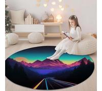 Generico Colore Tappeto Rotondo Lavabile in Lavatrice 100 cm Futurismo Luci Al Neon Montagne, Antiscivolo e Antipelucchi, Tappeto Rotonda per Interni Soggiorno Camera da Letto