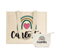 Generico Combo Borsa in Cotone con Pochette Abbinata Da mare spiaggia piscina vacanza personalizzata con nome idea regalo festa della mamma maestra estate da viaggio porta trucchi astuccio mutliuso6