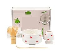 Generico Compatibile con 5 pezzi di matcha bianco motivo a cuore, tè in ceramica, inclusa ciotola beccuccio, frullino for le uova
