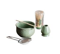 Generico Compatibile con Matcha 2/5/6 pezzi - Ciotola da tè motivo verde, agitatore in bambù, cucchiaio cerimonia filtro(5 pieces B)