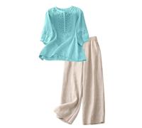 Generico Completi Donna Estivi Cotone E Lino 2 Pezzi Pantalone Lungo Estivo Tuta Elegante Larghi Completo Casual Leggera Completi Estiva Tute Curvy Taglie Forti Set Per L’estate Mare Comodi Sportiva