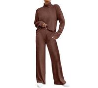 Generico Completi Lana Donna Elegante Tute in 2 Pezzi in Maglia Comodo Tuta Pullover Maniche Lunghe Pantaloni a Gamba Larga in Vita Complete Training Invernale Sportswear di Lana Polsino Elastico
