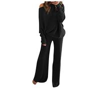 Generico Completi Lana in 2 Pezzi Pullover Maniche Lunghe e Pantaloni a Gamba Larga Complete Eleganti Curvy Polsino Elastico Coordinato Donna Invernale in Maglia Sportive Tute Sportivi Comodo Leggera