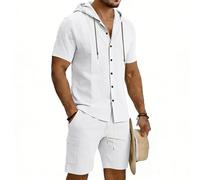 Generico Completi Lino Uomo Estivi Leggeri Set Tuta Due Pezzi con Camicia e Pantaloncini Tinta Unita Spiaggia Primavera Completo da Spiaggia Pigiama Comodi e Morbidi Palestra Fitness Allenamento
