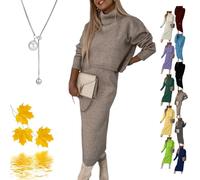Generico Completo Abito Midi e Maglione a Collo Alto Commencu, Abito Maglione a Collo Alto da Donna, Maniche Lunghe a Coste, Caldo e Accogliente(Cachi,XL)