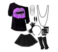 Generico Completo anni '80 e '90 da donna,t-shirt,scaldamuscoli,fascia per capelli,orecchini,collana,guanti a rete,accessori per feste a tema in costume,Vestito Carnevale Hippy Donna,Moda Misteriosa