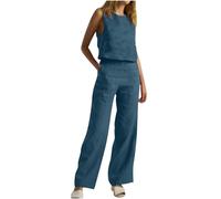 Generico Completo Cotone e Lino Donna Elegante 2 Pezzi Completo Sportivo in Due Pezzi Lino Completo Elegante Set di Pantaloni a Gamba Tuta Donna Sportiva Estiva Completi Da Donna Casual Tinta