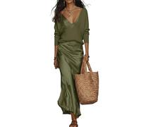 Generico Completo da Donna 2 Pezzi: Top in Maglia a Maniche Lunghe con Scollo a V e Gonna Sottoveste in Raso - Look Maxi Casual Elegante (Dark Green,S)