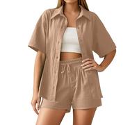 Generico Completo da Donna in Cotone e Lino 2 Pezzi Camicia a Manica Lunga con Bottoni Pantaloncini Corti a Vita Alta Eslatica con Coulisse Casual Completi Spiaggia Lavoro Vacanza