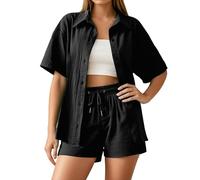 Generico Completo da Donna in Cotone e Lino 2 Pezzi Camicia a Manica Lunga con Bottoni Pantaloncini Corti a Vita Alta Eslatica con Coulisse Casual Completi Spiaggia Lavoro Vacanza