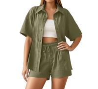 Generico Completo da Donna in Cotone e Lino 2 Pezzi Camicia a Manica Lunga con Bottoni Pantaloncini Corti a Vita Alta Eslatica con Coulisse Casual Completi Spiaggia Lavoro Vacanza