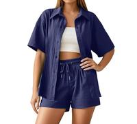 Generico Completo da Donna in Cotone e Lino 2 Pezzi Camicia a Manica Lunga con Bottoni Pantaloncini Corti a Vita Alta Eslatica con Coulisse Casual Completi Spiaggia Lavoro Vacanza