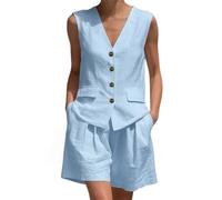 Generico Completo da donna in cotone e lino, composto da due pezzi: canotta senza maniche con scollo a V e bottoni, pantaloncini con tasche, ideale per vacanze e spiaggia (Blue,M)