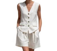 Generico Completo da donna in cotone e lino, composto da due pezzi: canotta senza maniche con scollo a V e bottoni, pantaloncini con tasche, ideale per vacanze e spiaggia (White,XL)