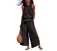 Generico Completo da donna in lino, due pezzi: top senza maniche con volant e pantaloni a gamba larga e fluidi, perfetto per l'estate e le vacanze. (Black,M)