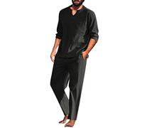 Generico Completo da Uomo in Due Pezzi in Cotone E Lino con Pigiama A Maniche Lunghe con Scollo A V E Pantaloni Casual
