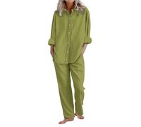Generico Completo di Lino Donna 2 Pezzi Pantalone Lungo Estivo 2025 Tuta Elegante Completo Casual Set Estiva Camicia e Pantaloni Cotone Completi Leggera Comodi Tute Curvy Taglie Forti