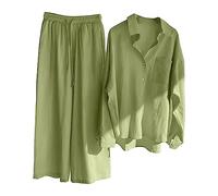 Generico Completo di Lino Donna 2 Pezzi Pantalone Lungo Estivo Tuta Elegante Completo Casual Set Estiva Camicia e Pantaloni Cotone Completi Leggera Comodi Tute Curvy Taglie Forti
