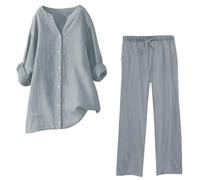 Generico Completo di Lino Donna 2 Pezzi Pantalone Lungo Estivo Tuta Elegante Completo Casual Set Estiva Camicia e Pantaloni Cotone Completi Leggera Comodi Tute Curvy Taglie Forti