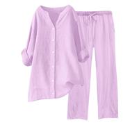 Generico Completo di Lino Donna 2 Pezzi Pantalone Lungo Estivo Tuta Elegante Completo Casual Set Estiva Camicia e Pantaloni Cotone Completi Leggera Comodi Tute Curvy Taglie Forti