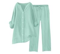 Generico Completo di Lino Donna 2 Pezzi Pantalone Lungo Estivo Tuta Elegante Completo Casual Set Estiva Camicia e Pantaloni Cotone Completi Leggera Comodi Tute Curvy Taglie Forti