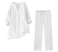Generico Completo di Lino Donna 2 Pezzi Pantalone Lungo Estivo Tuta Elegante Completo Casual Set Estiva Camicia e Pantaloni Cotone Completi Leggera Comodi Tute Curvy Taglie Forti