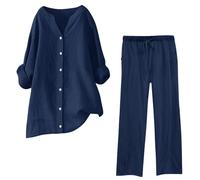 Generico Completo di Lino Donna 2 Pezzi Pantalone Lungo Estivo Tuta Elegante Completo Casual Set Estiva Camicia e Pantaloni Cotone Completi Leggera Comodi Tute Curvy Taglie Forti