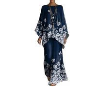 Generico Completo Donna 2 Pezzi Estate Elegante Cotone Lino Boho Vintage Caftano Girocollo Maniche a Pipistrello Pantaloni Palazzo Vacanza Mare Oversize Abbigliamento Casual Set