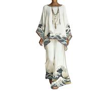 Generico Completo Donna 2 Pezzi Estate Elegante Cotone Lino Boho Vintage Caftano Girocollo Maniche a Pipistrello Pantaloni Palazzo Vacanza Mare Oversize Abbigliamento Casual Set