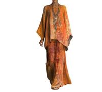 Generico Completo Donna 2 Pezzi Estate Elegante Cotone Lino Boho Vintage Caftano Girocollo Maniche a Pipistrello Pantaloni Palazzo Vacanza Mare Oversize Abbigliamento Casual Set