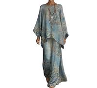 Generico Completo Donna 2 Pezzi Estate Elegante Cotone Lino Boho Vintage Caftano Girocollo Maniche a Pipistrello Pantaloni Palazzo Vacanza Mare Oversize Abbigliamento Casual Set