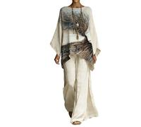 Generico Completo Donna 2 Pezzi Estate Elegante Cotone Lino Boho Vintage Caftano Girocollo Maniche a Pipistrello Pantaloni Palazzo Vacanza Mare Oversize Abbigliamento Casual Set