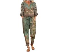 Generico Completo Donna Per il Tempo Libero Elegante Taglie Forti Cotone e Lino Leggera Casual Stampato Set di Pantaloni da Donna Con Scollo a V e Manica Corta Stampata, Con Elastico in Vita