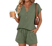 Generico Completo due pezzi corto da donna con top abbottonato con scollo a V e pantaloncini con coulisse, completo casual due pezzi per il relax estivo, tuta (Verde militare,xl)