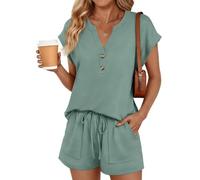 Generico Completo due pezzi corto da donna con top abbottonato con scollo a V e pantaloncini con coulisse, completo casual due pezzi per il relax estivo, tuta (Verde chiaro,xl)