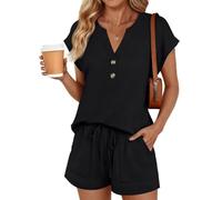 Generico Completo due pezzi corto da donna con top abbottonato con scollo a V e pantaloncini con coulisse, completo casual due pezzi per il relax estivo, tuta (Nero,xxl)