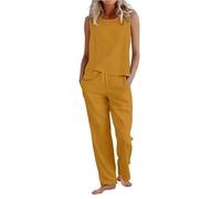 Generico Completo Estivo Donna Lino Senza Maniche Bluse Traspirante Completi Comodi Set Due Pezzi Donna Estivo Canotta Boho Completino Casuale Mare Fresco Completo Pantaloni e Camicia Per le Vacanze