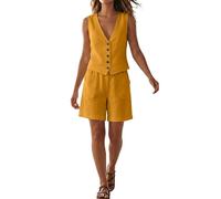 Generico Completo in Lino Donna,Completo Due Pezzi Facile da Lavare Composto da Canotta Senza Maniche E Pantaloncini A Gamba Larga Ideale per Il Lavoro E per Tutti I Giorni