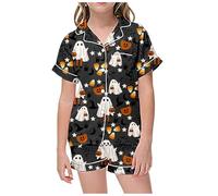 Generico Completo Indumenti Domestici Bambina Due Pezzi Maniche Corte Colletto Con Bottoni Stampa Zucche Spettri Halloween Tessuto Poliestere Seta Leggero Adatto A Bambine traspirante