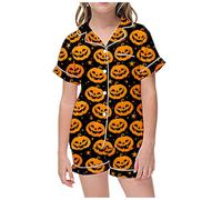 Generico Completo Indumenti Domestici Bambina Due Pezzi Maniche Corte Colletto Con Bottoni Stampa Zucche Spettri Halloween Tessuto Poliestere Seta Leggero Adatto A Bambine traspirante