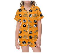 Generico Completo Indumenti Domestici Bambina Due Pezzi Maniche Corte Colletto Con Bottoni Stampa Zucche Spettri Halloween Tessuto Poliestere Seta Leggero Adatto A Bambine traspirante