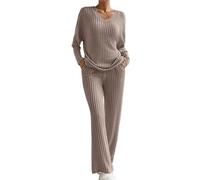 Generico Completo Lana in 2 Pezzi Top a Maniche Lunghe Pantaloni in Vita Completi Eleganti Leggera Casual Set Tuta Donna a Metà Autunno Lavorati Sportivo Tute Sportive Offerte Polsino Elastico