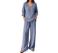 Generico Completo Lino Donna Sportivo 2 Pezzi Camicia E Pantaloni Cotone Tuta Elegante Larghi Completo Casual Leggera Completi Estiva Set Curvy Comodi Tute Per L’estate Mare Maniche 3/4 Sportiva