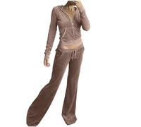 Generico Completo Maglia Donna Completo Donna Casual Women Velour Sweat Suits 2 Piece Outfits Tracksuits Long Sleeve Zip Up Hooded Jacket Wide Leg Pants Casual Y 2k Pantaloni Tuta Felpati (Khaki, S)