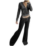 Generico Completo Maglia Donna Completo Donna Casual Women Velour Sweat Suits 2 Piece Outfits Tracksuits Long Sleeve Zip Up Hooded Jacket Wide Leg Pants Casual Y 2k Pantaloni Tuta Felpati (Black, S)