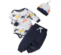 Generico Completo Neonato Abbigliamento con Stampa Dinosauri Set 3 Pezzi in Cotone Pagliaccetto Maniche Lunghe Pantaloni Cappellino per Bambini (Blue, 12-18 Months)