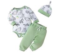 Generico Completo Neonato Abbigliamento con Stampa Dinosauri Set 3 Pezzi in Cotone Pagliaccetto Maniche Lunghe Pantaloni Cappellino per Bambini (Green, 12-18 Months)