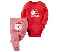 Generico Completo per Neonate Set, Maniche Lunghe Volant Vestiti Bambina con My First Christmas, Pagliaccetto a Righe con di Babbo Natale Pantaloni e Cappello, Giorno di Natale per 0-24 Mesi, Rosso